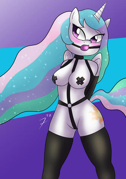 Size: 600x849 | Tagged: questionable, artist:strange-man05, derpibooru import, princess celestia, alicorn, anthro, apprehensive, arm behind back, armbinder, ballgag, blushing, bondage, bound and gagged, breasts, busty princess celestia, clothes, covered nipples, crotch strap, cutie mark, ethereal mane, ethereal tail, female, fetish, gag, image, jpeg, simple background, socks, solo, solo female, stockings, tail, thigh highs