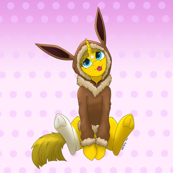 Size: 2800x2800 | Tagged: safe, artist:zackwhitefang, derpibooru import, oc, unofficial characters only, eevee, pony, unicorn, :p, clothes, commission, costume, cute, digital art, frog (hoof), horn, image, jpeg, kigurumi, looking at you, pokémon, simple background, sitting, solo, tail, tongue out, underhoof, unicorn oc