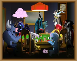 Size: 1500x1200 | Tagged: safe, artist:joellethenose, derpibooru import, discord, gilda, iron will, king sombra, nightmare moon, queen chrysalis, trixie, alicorn, changeling, draconequus, gryphon, pony, unicorn, ace of spades, annoyed, antagonist, chair, cheating, chocolate, chocolate milk, chocolate rain, cloud, crown, dogs playing poker, evil grin, eyes closed, female, food, grin, image, indoors, interior, jewelry, jpeg, laughing, magic, male, mare, milk, nose piercing, open mouth, piercing, playing card, poker, rain, regalia, septum piercing, smiling, smirk, table, telekinesis, villains of equestria