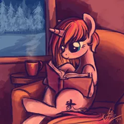 Size: 960x960 | Tagged: safe, artist:joellethenose, derpibooru import, oc, oc:cerise, unofficial characters only, pony, unicorn, book, couch, female, forest, image, jpeg, mare, mug, reading, snow, solo, tree, winter