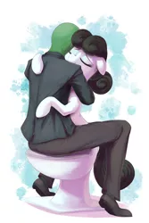 Size: 2000x3000 | Tagged: safe, artist:thebatfang, derpibooru import, oc, oc:anon, oc:kohlette, ponified, object pony, original species, pony, toilet pony, abstract background, but why, clothes, eyes closed, hug, hugging a pony, image, lap sitting, png, smiling, suit, toilet
