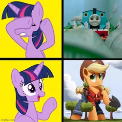 Size: 500x500 | Tagged: safe, artist:luckreza8, artist:ncmares, editor:thomas me irl, photographer:dieseld199, photographer:trent stanley, applejack, twilight sparkle, twilight sparkle (alicorn), alicorn, pony, appaul bunyan, apple, apple tree, cloud, equestria, female, giant earth pony, giant pony, giant tank engine, giantess, giantess applejack, hill, hotline bling, image, imgflip, johnny appleseed, johnny applesteed, jpeg, knapford, macro, meme, paul bunyan, playset, pony bunyan, semaphore, shovel, signal, sky, sodor, sweet apple acres, thomas giant set, thomas the tank engine, tomica, tomy, tony fleecs, toy, train station, tree, trio, tumblr:big apple pony