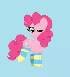 Size: 2448x2682 | Tagged: safe, artist:cinematic-fawn, derpibooru import, pinkie pie, pony, blue background, clothes, image, one eye closed, png, simple background, socks, solo, striped socks, wink
