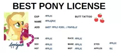 Size: 973x424 | Tagged: safe, derpibooru import, edit, edited screencap, editor:secretbronyx, screencap, applejack, earth pony, bats!, apple, apple rain, best pony, best pony license, cutie mark, eye, eyes, falling, female, food, horseshoes, id card, image, meme, one trick pony, png, solo, that pony sure does love apples