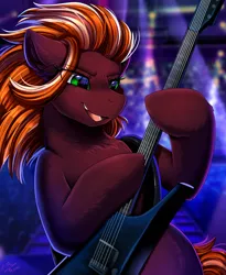 Size: 1446x1764 | Tagged: safe, artist:pridark, derpibooru import, oc, unofficial characters only, earth pony, pony, bust, commission, electric guitar, guitar, image, musical instrument, png, portrait, rocker, signature, solo