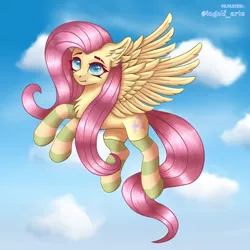 Size: 2700x2700 | Tagged: safe, artist:ingolf arts, derpibooru import, fluttershy, pegasus, pony, chest fluff, clothes, cloud, ear fluff, eye reflection, female, flying, high res, image, looking at you, mare, png, reflection, sky, socks, solo, spread wings, striped socks, wings