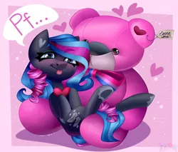 Size: 2000x1700 | Tagged: safe, artist:irinamar, derpibooru import, oc, oc:obabscribbler, unofficial characters only, earth pony, pony, :p, image, jpeg, plushie, solo, teddy bear, tongue out
