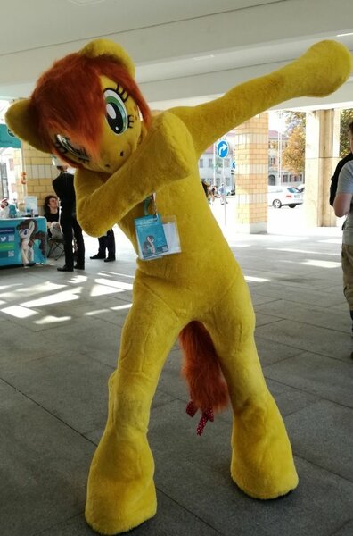 Size: 732x1108 | Tagged: safe, artist:atalonthedeer, derpibooru import, oc, oc:canni soda, anthro, human, pony, clothes, cosplay, costume, dab, fursuit, g4, galacon, galacon 2022, image, irl, irl human, jpeg, photo, ponysuit, solo