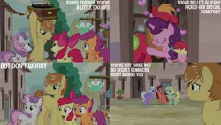 Size: 4400x2475 | Tagged: safe, derpibooru import, edit, edited screencap, editor:quoterific, screencap, apple bloom, big macintosh, dear darling, feather bangs, fond feather, scootaloo, sugar belle, sweetie belle, swoon song, earth pony, pegasus, pony, unicorn, hard to say anything, bimbettes, bipedal, cutie mark crusaders, female, filly, foal, image, male, mare, png, stallion, text