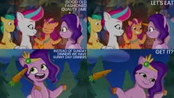 Size: 4400x2475 | Tagged: safe, derpibooru import, edit, edited screencap, editor:quoterific, screencap, hitch trailblazer, izzy moonbow, pipp petals, sunny starscout, zipp storm, earth pony, pegasus, pony, unicorn, my little pony: tell your tale, spoiler:g5, spoiler:my little pony: tell your tale, spoiler:tyts01e10, camping, carrot, eyes closed, female, food, g5, image, male, mane five (g5), mare, open mouth, png, stallion, sunny-day dinners, text