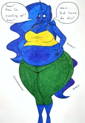 Size: 2425x3509 | Tagged: suggestive, artist:thaliaglacyswells, derpibooru import, princess celestia, anthro, blueberry inflation, comic, curvy, image, inflation, jpeg, stomach noise, traditional art