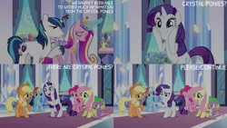 Size: 1280x720 | Tagged: safe, derpibooru import, edit, edited screencap, editor:quoterific, screencap, applejack, fluttershy, pinkie pie, princess cadance, rainbow dash, rarity, shining armor, spike, alicorn, dragon, earth pony, pegasus, pony, unicorn, season 3, the crystal empire, applejack's hat, bipedal, cowboy hat, crown, cute, eyes closed, female, hat, image, jewelry, magic, male, mare, open mouth, open smile, png, raribetes, regalia, smiling, stallion, telekinesis, text