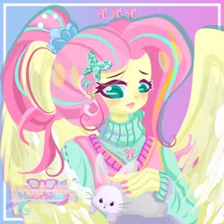 Size: 800x800 | Tagged: safe, artist:windywendy29, derpibooru import, angel bunny, fluttershy, human, rabbit, alternate hairstyle, animal, blushing, clothes, cute, female, humanized, image, nail polish, petting, png, pony coloring, shyabetes, solo, sweater, sweatershy, winged humanization, wings