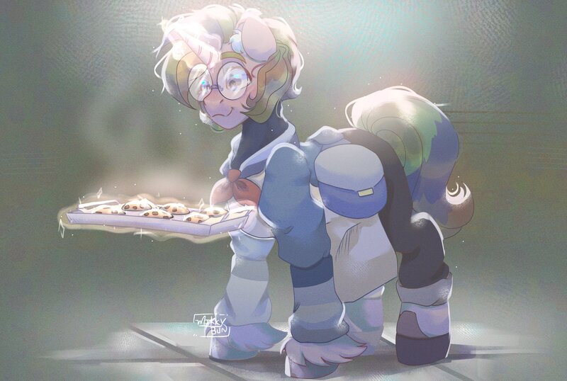 Size: 2048x1376 | Tagged: safe, artist:mikkybun, derpibooru import, oc, unofficial characters only, unicorn, apron, bag, clothes, cookie, female, food, glasses, horn, image, jpeg, round glasses, saddle bag, solo, tray, unicorn oc, unshorn fetlocks