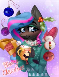 Size: 3100x4000 | Tagged: safe, artist:irinamar, derpibooru import, oc, unofficial characters only, anthro, pony, chocolate, christmas, christmas ornament, christmas sweater, clothes, decoration, eyebrows, eyebrows visible through hair, female, food, holiday, holly, hot chocolate, image, jpeg, mare, marshmallow, merry christmas, mug, solo, sweater