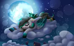 Size: 4000x2500 | Tagged: safe, artist:irinamar, derpibooru import, oc, unofficial characters only, pegasus, pony, cloud, image, jpeg, lying down, lying on a cloud, moon, on a cloud, sleeping, smiling, solo