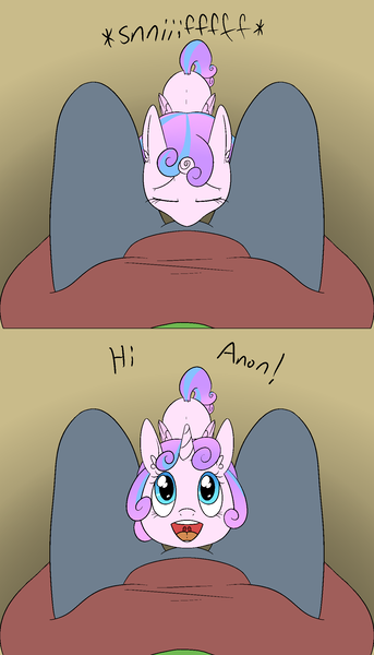 Size: 1336x2340 | Tagged: source needed, questionable, artist:happy harvey, derpibooru import, princess flurry heart, oc, oc:anon, alicorn, pony, 2 panel comic, age difference, behaving like a dog, clothes, comic, crotch bulge, drawn on phone, female, filly, foal, foalcon, hi anon, high angle, image, implied foalcon, implied underage, looking at you, looking up, meme, offscreen character, older, pants, png, pov, shirt, sitting, smelling, sniffing, underage, younger