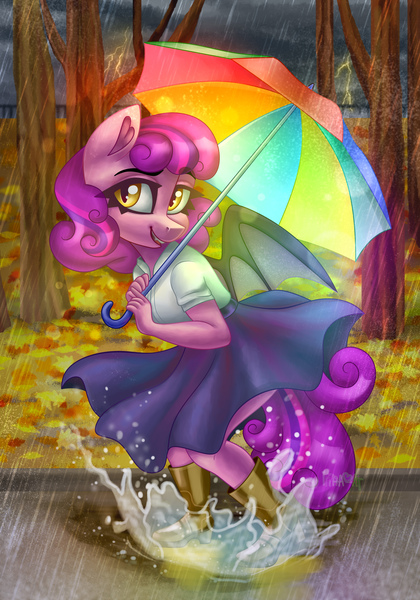 Size: 2800x4000 | Tagged: safe, artist:irinamar, derpibooru import, oc, oc:dusk orchard, unofficial characters only, anthro, bat pony, pony, bat pony oc, bat wings, boots, clothes, cute, dress, female, image, jpeg, lightning, mare, open mouth, open smile, puddle, rain, shoes, smiling, solo, umbrella, wings