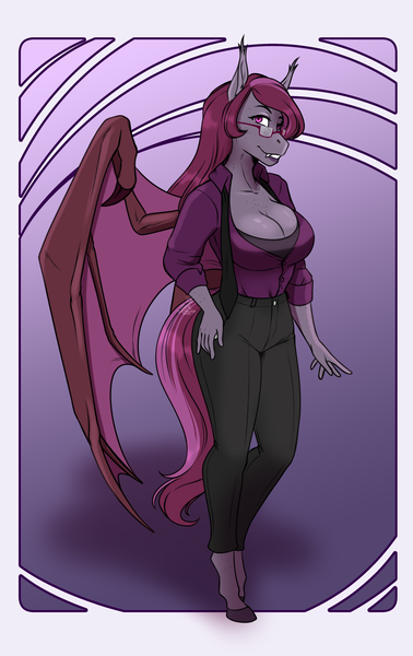 Size: 1720x2729 | Tagged: safe, artist:blackblood-queen, derpibooru import, oc, oc:magenta scroll, unofficial characters only, anthro, bat pony, pony, unguligrade anthro, anthro oc, bat pony oc, bat wings, big breasts, breasts, clothes, commission, fangs, female, freckles, glasses, image, mare, pants, png, shirt, slit pupils, smiling, wings