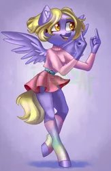 Size: 780x1200 | Tagged: safe, artist:irinamar, derpibooru import, oc, unofficial characters only, anthro, pegasus, clothes, dress, image, jpeg, leg warmers, middle finger, solo, spread wings, vulgar, wings