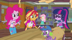 Size: 640x360 | Tagged: safe, derpibooru import, screencap, fluttershy, pinkie pie, rarity, sci-twi, spike, spike the regular dog, sunset shimmer, twilight sparkle, bird, dog, equestria girls, legend of everfree, animated, camp everfree outfits, eyes closed, female, gif, gifs.com, glasses, hairpin, image, male, ponytail
