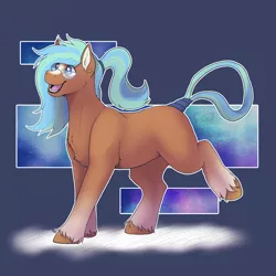 Size: 1500x1500 | Tagged: safe, artist:sursiq, derpibooru import, oc, oc:pena, unofficial characters only, earth pony, pony, abstract background, accessories, artfight, chest fluff, ear fluff, ear piercing, earring, full body, galaxy, glasses, happy, hooves, image, jewelry, male, open mouth, piercing, png, ponytail, raised hoof, shading, solo, stars, unshorn fetlocks