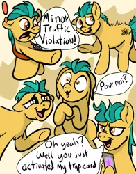 Size: 2331x2974 | Tagged: safe, artist:doodledonutart, derpibooru import, hitch trailblazer, earth pony, pony, card, cute, dialogue, exclamation point, floppy ears, french, g5, hitchbetes, image, male, multeity, png, sketch, speech bubble, stallion, trap card