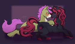 Size: 2560x1505 | Tagged: safe, artist:sursiq, derpibooru import, oc, oc:terra rein, earth pony, pony, unicorn, blushing, boop, couple, cuddling, earth pony oc, eyelashes, eyes closed, eyes open, female, full body, horn, image, jpeg, lesbian, lidded eyes, long hair, long mane, multicolored hair, multicolored mane, multicolored tail, shading, short hair, short mane, smiling, tail, unicorn oc, unshorn fetlocks