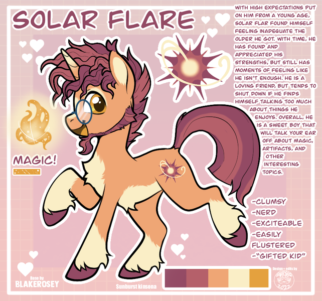 Size: 863x807 | Tagged: safe, artist:blakerosey, artist:sursiq, derpibooru import, oc, oc:solar flare, pony, unicorn, accessories, base used, chest fluff, coat markings, cute, ear fluff, facial hair, glasses, golden eyes, happy, horn, image, kinsona, magic, male, messy mane, multicolored hair, multicolored mane, multicolored tail, open mouth, orange eyes, png, pony oc, raised hoof, reference sheet, socks (coat marking), stallion, tail, text, unicorn oc, unshorn fetlocks, yellow eyes