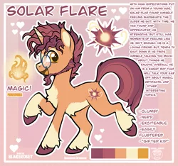 Size: 863x807 | Tagged: safe, artist:blakerosey, artist:sursiq, derpibooru import, oc, oc:solar flare, pony, unicorn, accessories, base used, chest fluff, coat markings, cute, ear fluff, facial hair, glasses, golden eyes, happy, horn, image, kinsona, magic, male, messy mane, multicolored hair, multicolored mane, multicolored tail, open mouth, orange eyes, png, pony oc, raised hoof, reference sheet, socks (coat marking), stallion, tail, text, unicorn oc, unshorn fetlocks, yellow eyes