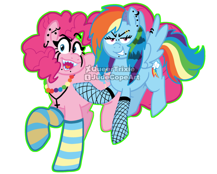 Size: 2500x2000 | Tagged: safe, artist:queertrixie, derpibooru import, pinkie pie, rainbow dash, earth pony, pegasus, pony, alternate hairstyle, clothes, duo, duo female, female, fishnets, grin, image, jewelry, lesbian, makeup, obtrusive watermark, piercing, pinkiedash, png, punk, scenecore, sharp teeth, shipping, simple background, smiling, socks, stockings, striped socks, teeth, thigh highs, transparent background, watermark