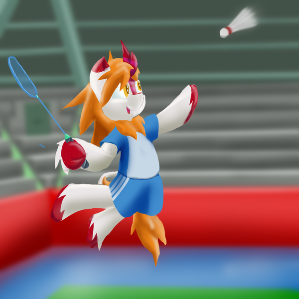 Size: 1024x1024 | Tagged: safe, artist:dianetgx, derpibooru import, oc, oc:karenina senna, kirin, arena, badminton, image, jumping, kirin oc, png, smiling, sports outfit