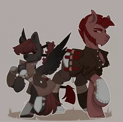 Size: 2560x2542 | Tagged: safe, derpibooru import, oc, unofficial characters only, earth pony, pegasus, pony, armor, bag, bandage, beard, belt, bracelet, buttons, dynamite, earth pony oc, explosives, eyebrow piercing, facial hair, father and child, father and daughter, female, image, jpeg, male, mercenary, pegasus oc, piercing, red eyes, red hair, spiked wristband, spread wings, torn ear, wings, wristband