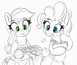 Size: 1280x1089 | Tagged: safe, artist:pabbley, derpibooru import, applejack, pinkie pie, earth pony, pony, 30 minute art challenge, apron, bakery, bipedal, bowl, clothes, cute, duo, female, food, heart, image, mare, muffin, png, simple background, smiling, white background