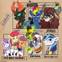 Size: 2048x2038 | Tagged: safe, artist:rutkotka, derpibooru import, apple bloom, rainbow dash, scootaloo, shining armor, sweetie belle, thorax, yona, zecora, zebra, six fanarts, cutie mark crusaders, evil, evil rainbow dash, image, jpeg