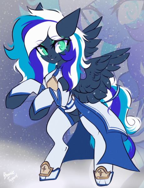 Size: 1792x2335 | Tagged: safe, artist:hydrargyrum, derpibooru import, oc, oc:flaming dune, unofficial characters only, pegasus, pony, clothes, cute, dress, female, full body, green eyes, image, looking at you, mare, multicolored mane, multicolored tail, pegasus oc, png, rearing, shoes, smiling, smiling at you, snow, snowfall, socks, solo, spread wings, stockings, tail, thigh highs, wings