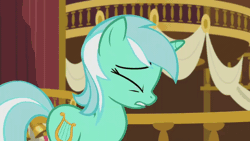 Size: 800x450 | Tagged: safe, derpibooru import, screencap, bon bon, lyra heartstrings, sweetie drops, earth pony, pony, unicorn, season 5, slice of life (episode), animated, duo, duo female, eyes closed, female, floppy ears, gif, image, mare, open mouth, open smile, ponyville town hall, smiling