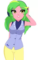 Size: 851x1332 | Tagged: safe, artist:rosemile mulberry, derpibooru import, lemon zest, equestria girls, alternate clothes, alternate hairstyle, breasts, busty lemon zest, button, button-up shirt, clothes, dress shirt, female, headphones, image, pants, png, raised arm, raised eyebrow, shirt, simple background, sleeveless, smiling, solo, tanktop, updated design, white background