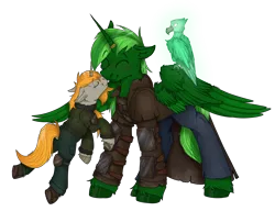 Size: 3000x2300 | Tagged: safe, artist:molars, derpibooru import, alicorn, balefire phoenix, phoenix, unicorn, fallout equestria, apocalypse, armor, artificial alicorn, ashes town, commission, couple, foe alicorn, green alicorn (fo:e), horn, horn ring, image, jewelry, kissing, married, png, ring, simple background, size difference, transparent background, underhoof, unshorn fetlocks