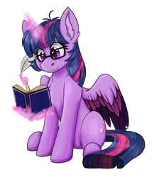 Size: 1688x1944 | Tagged: safe, artist:rokosmith26, derpibooru import, twilight sparkle, twilight sparkle (alicorn), alicorn, pony, book, bookhorse, cute, cute little fangs, fangs, female, glasses, image, magic, mare, png, princess, quill, reading, simple background, solo, spread wings, tail, telekinesis, transparent background, wings