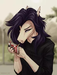 Size: 1280x1680 | Tagged: safe, artist:dementra369, derpibooru import, oc, oc:coffin, unofficial characters only, anthro, cigarette, clothes, ear piercing, hoers, image, jpeg, male, piercing, smoking, solo