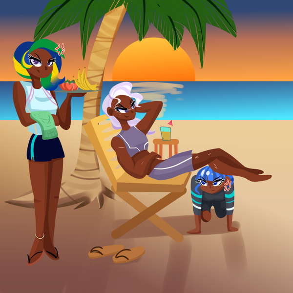 Size: 800x800 | Tagged: safe, artist:windywendy29, derpibooru import, oc, oc:maria potranca, oc:saph quills, oc:valkiria, unofficial characters only, human, anklet, annoyed, apple, banana, barefoot, beach, beach chair, chair, clothes, cocktail umbrella, cross-popping veins, dark skin, drink, drinking straw, feet, female, food, foot rest, footrest, fruit, humanized, humanized oc, image, jewelry, kneeling, midriff, multicolored hair, ocean, palm tree, png, sand, sandals, scar, servant, shorts, smug, sports bra, sports shorts, summer, sunset, tanktop, towel, tray, tree, trio, trunks, water, wetsuit