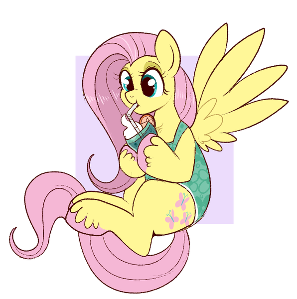 Size: 763x768 | Tagged: safe, artist:lulubell, derpibooru import, fluttershy, pegasus, pony, clothes, drinking, drinking straw, image, one-piece swimsuit, png, solo, swimsuit