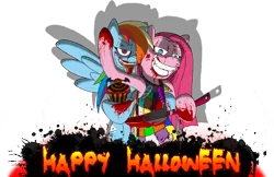 Size: 3071x1993 | Tagged: grimdark, artist:blood-asp0123, derpibooru import, pinkie pie, rainbow dash, pegasus, pony, fanfic:cupcakes, blood, clothes, cutie mark dress, dress, duo, female, grin, halloween, holiday, image, knife, pinkamena diane pie, png, simple background, smiling, transparent background