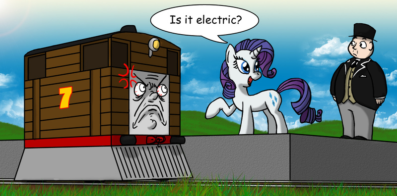 Size: 1483x734 | Tagged: safe, artist:blood-asp0123, derpibooru import, rarity, human, pony, unicorn, angry, cross-popping veins, female, image, jpeg, thomas the tank engine, toby, train, trio