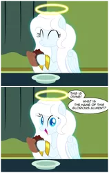 Size: 2543x4018 | Tagged: safe, artist:badumsquish, derpibooru import, oc, oc:zophiel, unofficial characters only, angel pony, human, original species, pony, 2 panel comic, angel, aweeg*, bangles, bracelet, cake, chocolate, chocolate cake, clueless, comic, curtains, derpibooru exclusive, devil's food cake, dialogue, eating, female, floating wings, folded wings, food, glow, gold, halo, happy, hoof hold, house, image, jewelry, long eyelashes, long mane, mare, offscreen character, plate, png, pure unfiltered evil, show accurate, sitting, table, talking to viewer, this will not end well, wings