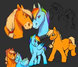 Size: 1280x1102 | Tagged: safe, artist:shadsie, derpibooru import, applejack, rainbow dash, earth pony, pegasus, pony, appledash, applejack's hat, cowboy hat, cutie mark, dark background, duo, female, freckles, hair tie, hat, heart, image, jpeg, lesbian, looking at each other, looking at someone, nuzzling, shipping, sketch, smiling, wings