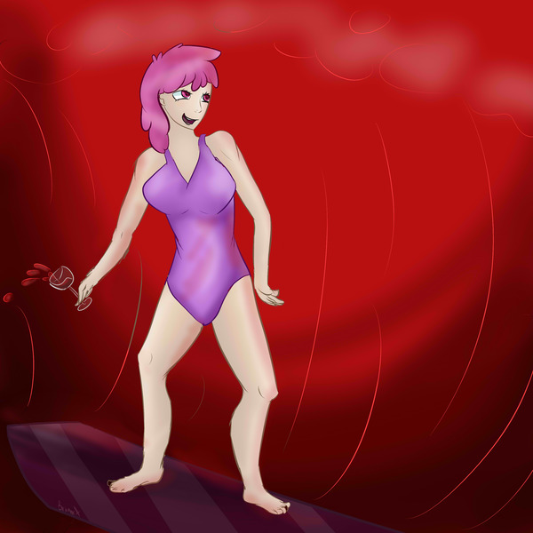 Size: 3000x3000 | Tagged: safe, artist:holomouse, derpibooru import, berry punch, berryshine, human, alcohol, clothes, female, humanized, image, jpeg, one-piece swimsuit, solo, surfboard, surfing, swimsuit, wine