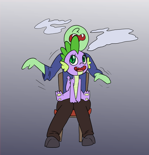 Size: 961x998 | Tagged: safe, artist:happy harvey, derpibooru import, spike, oc, oc:anon, dragon, human, blushing, chair, clothes, drawn on phone, gay, gradient background, human male, image, interspecies, knees pressed together, looking back, looking up, male, open mouth, pants, png, shirt, sitting, sitting on person, young