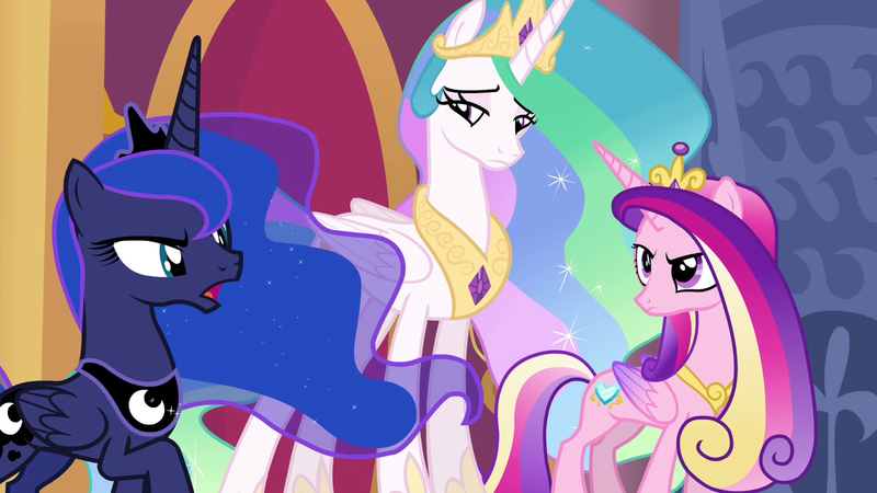 Size: 1280x720 | Tagged: safe, derpibooru import, screencap, princess cadance, princess celestia, princess luna, alicorn, pony, season 4, twilight's kingdom, alicorn triarchy, colored wings, crown, ethereal mane, ethereal tail, female, folded wings, g4, galaxy mane, galaxy tail, horn, image, implied lord tirek, implied twilight sparkle, jewelry, multicolored hair, multicolored mane, multicolored tail, multicolored wings, png, princess cadance's cutie mark, princess luna's cutie mark, regalia, royal sisters, siblings, sisters, tail, wings, wings down